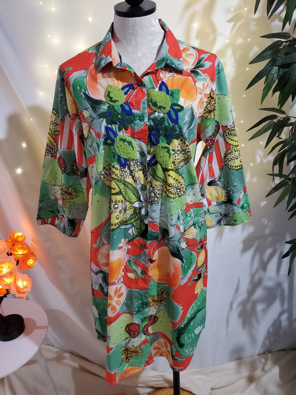 Antica Sartoria by Giacomo Cinque Beaded Tropical Fruit Tunic Dress Womens OS